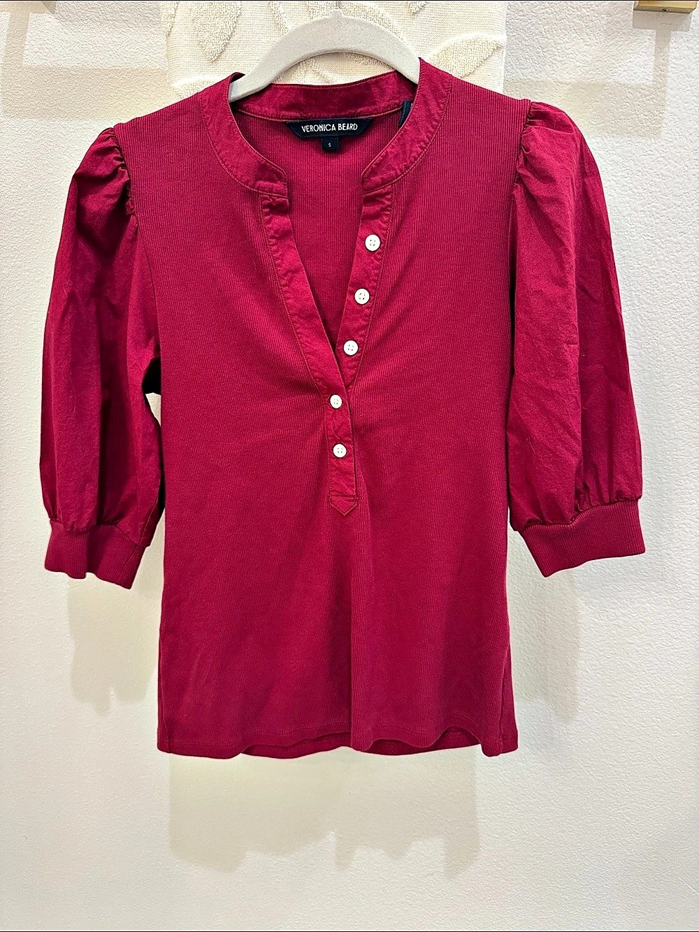 Veronica Beard Coralee Puff-Sleeve Henley Top Pink Small